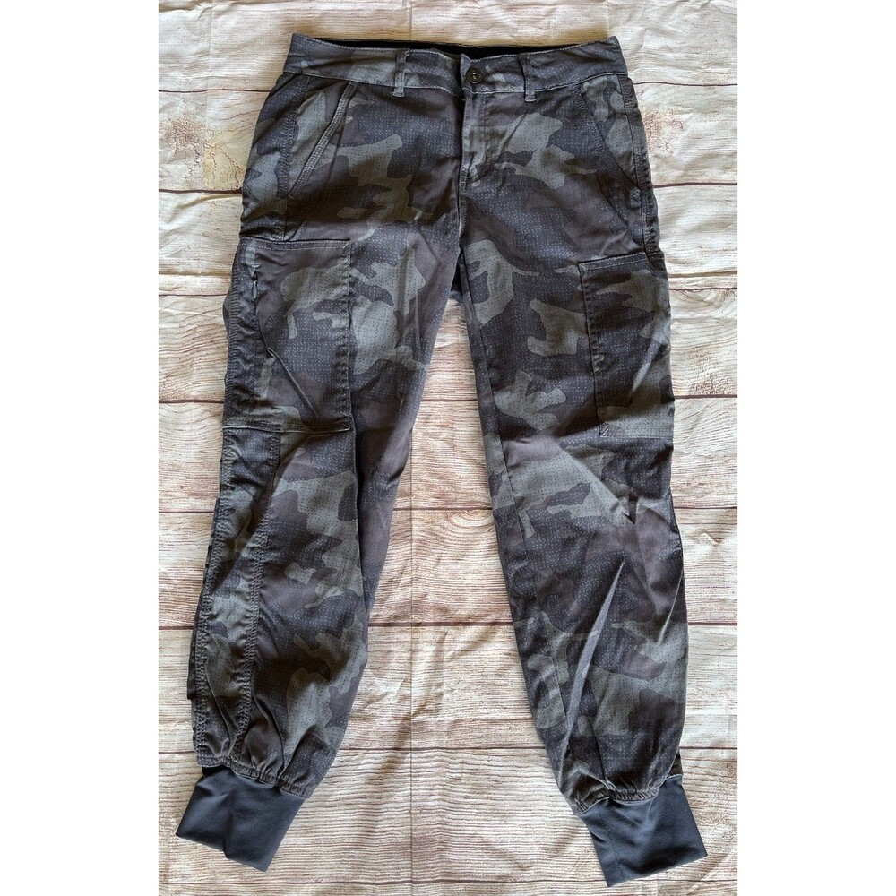 Prana Womens Grey Camo Grid Texture Cargo Jogger Pants Size 0 Drawstring Hiking